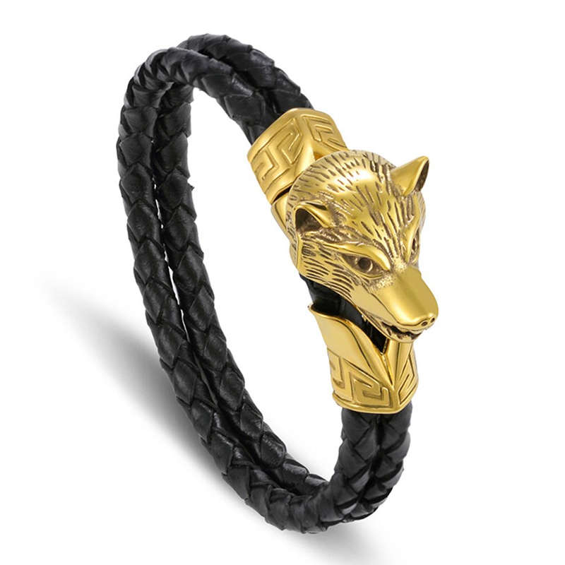 Stainless Steel Viking Odins Wolves Gold Trim Bracelet - The Midgard  Emporium